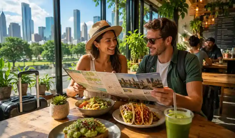 Visitors enjoying healthy vegan dining in Houston while exploring the city with fresh plant-based meals and skyline views.